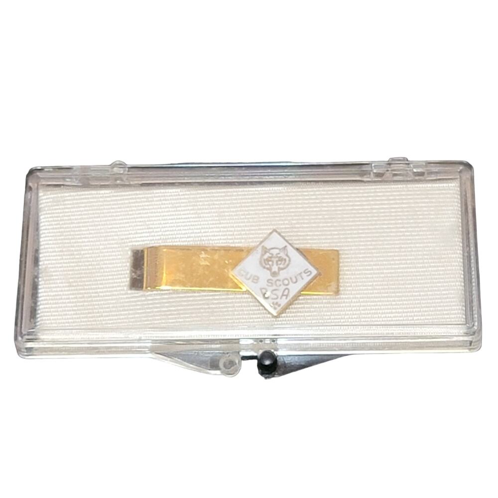 VTG 60s Cub Scouts‎ Tie Bar Youth Size Gold-tone White Enamel BSA Clip Uniform